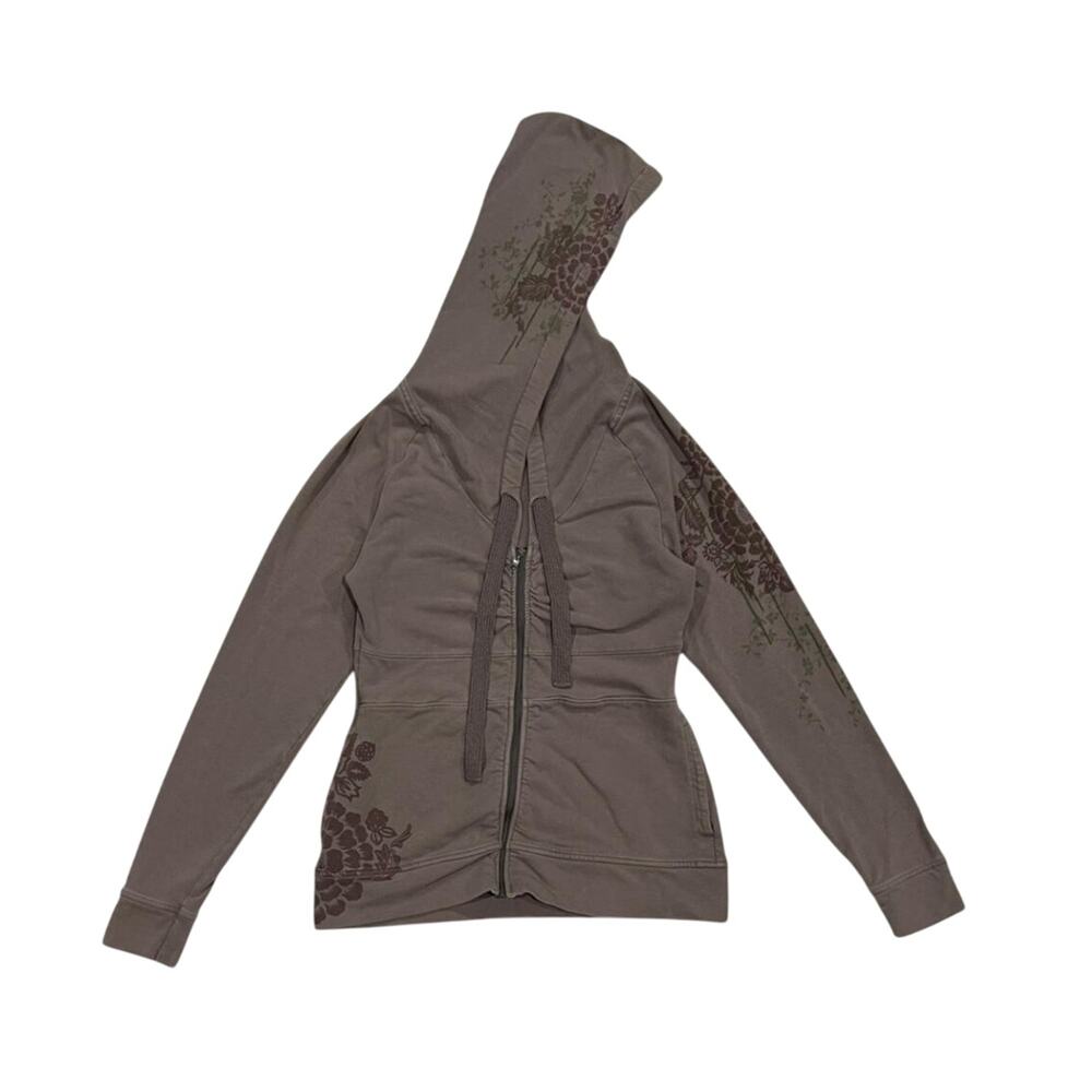 ★ REI Brown Fitted Floral Tattoo-Patterned Embroidered Zip-Up Women’s Hoodie ★